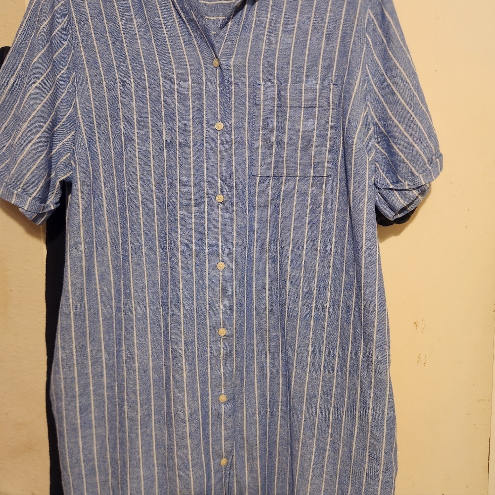 Old Navy Blue/white Vertical-Stripe Button-Up Linen Blend Dress Shirt (L) B:48"